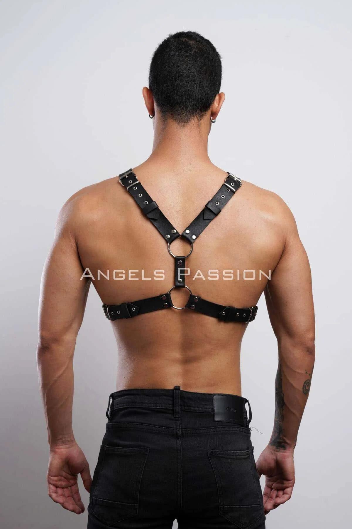 Men's Leather Chest Harness - Studded Adjustable Body Strap