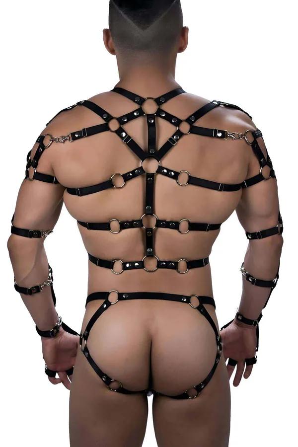 Mens Leather Full Body Harness with Spiked Thong Set