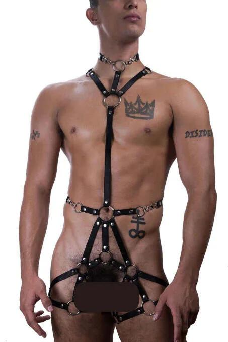 Mens Leather Body Harness with O-Rings and Adjustable Straps