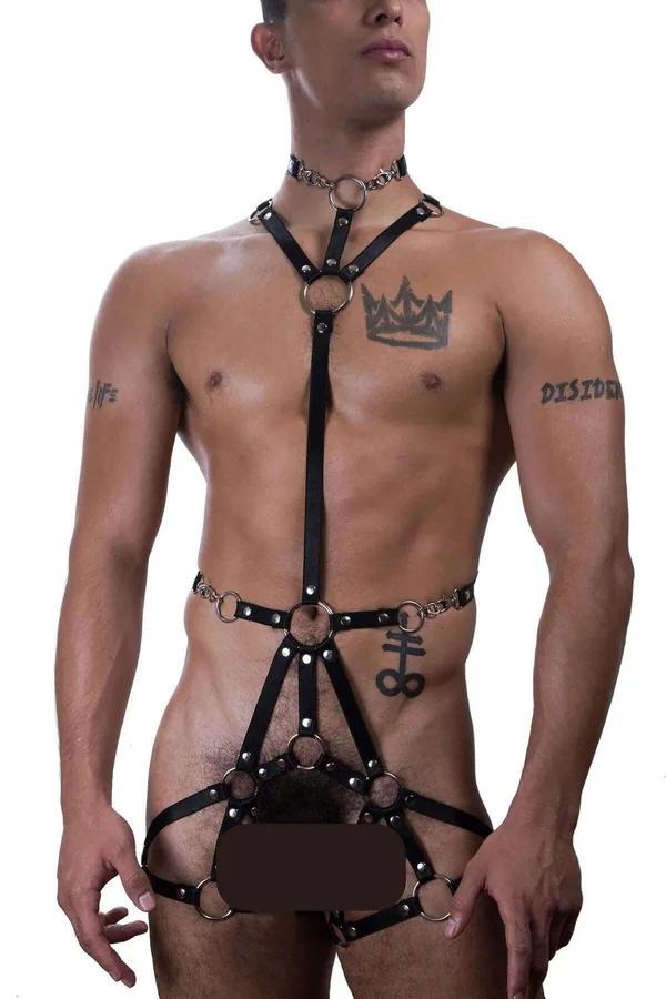 Mens Leather Body Harness with O-Rings and Adjustable Straps
