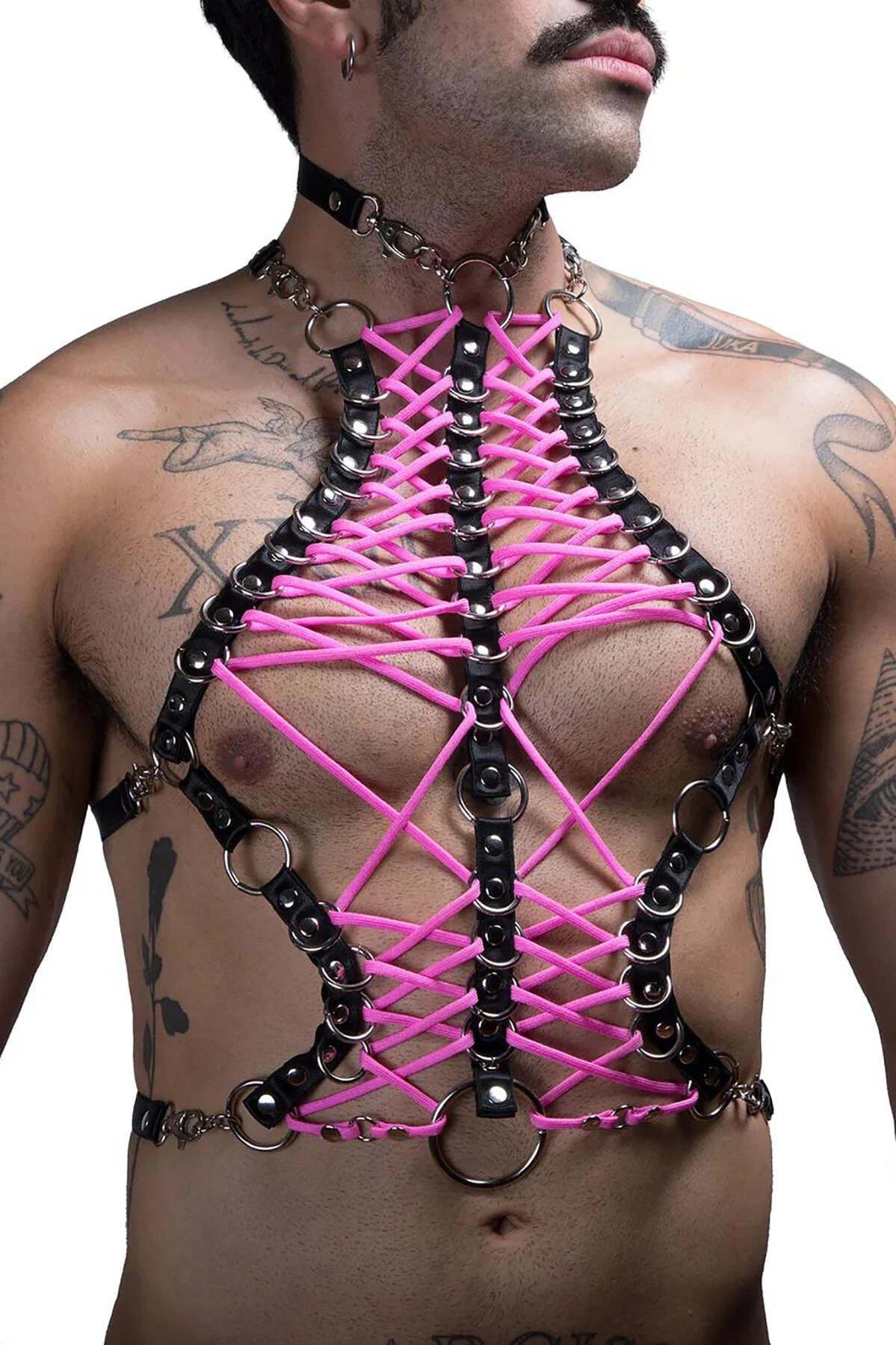 Men's Leather Chest Harness with Adjustable Pink Lacing