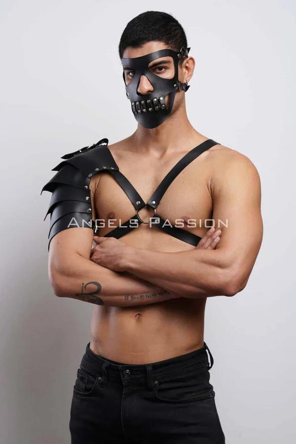Mens Leather Harness Mask with Shoulder Armor & Studs