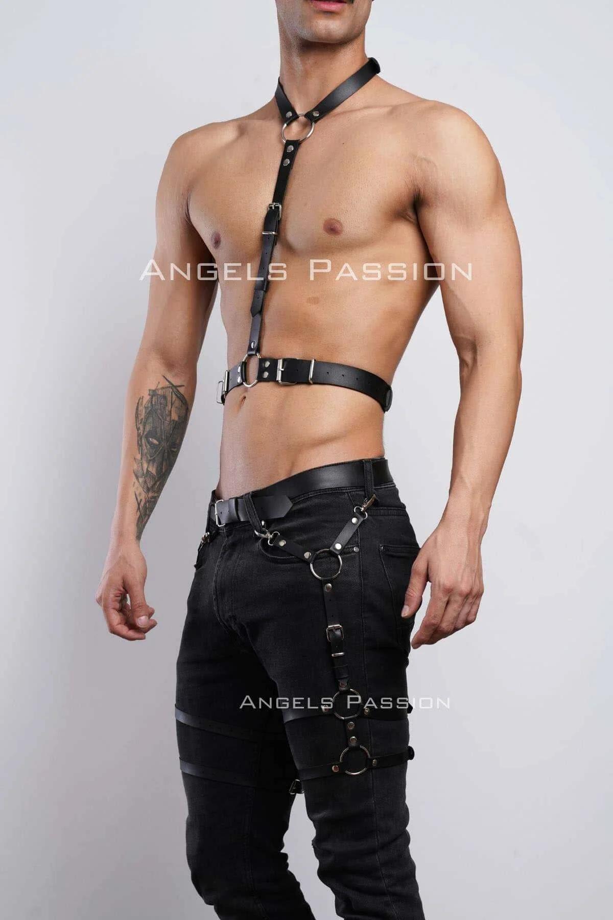 Men's Leather Body Harness Set - Adjustable Chest & Leg Straps