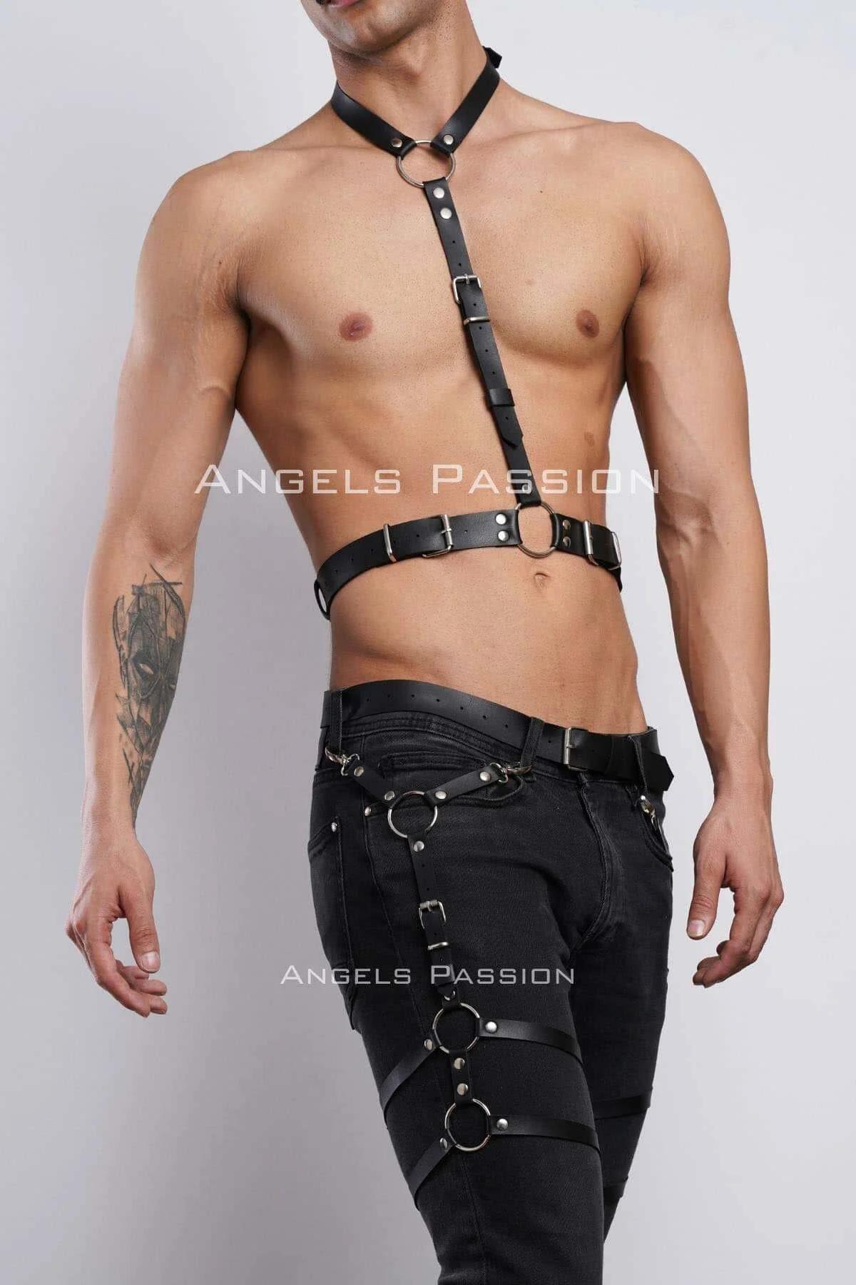 Men's Leather Body Harness Set - Adjustable Chest & Leg Straps