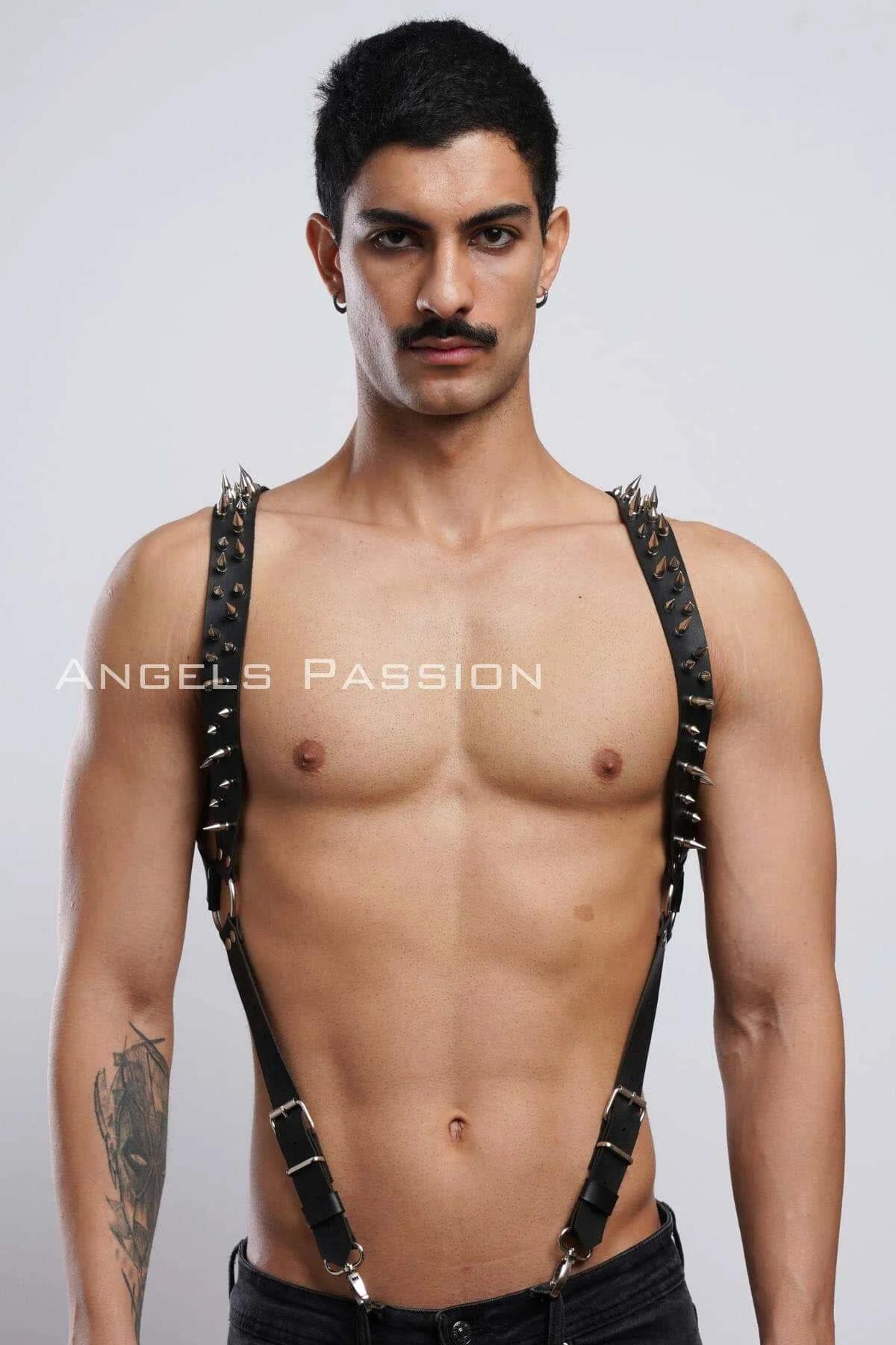 Men's Spiked Leather Harness - Adjustable Chest Accessory