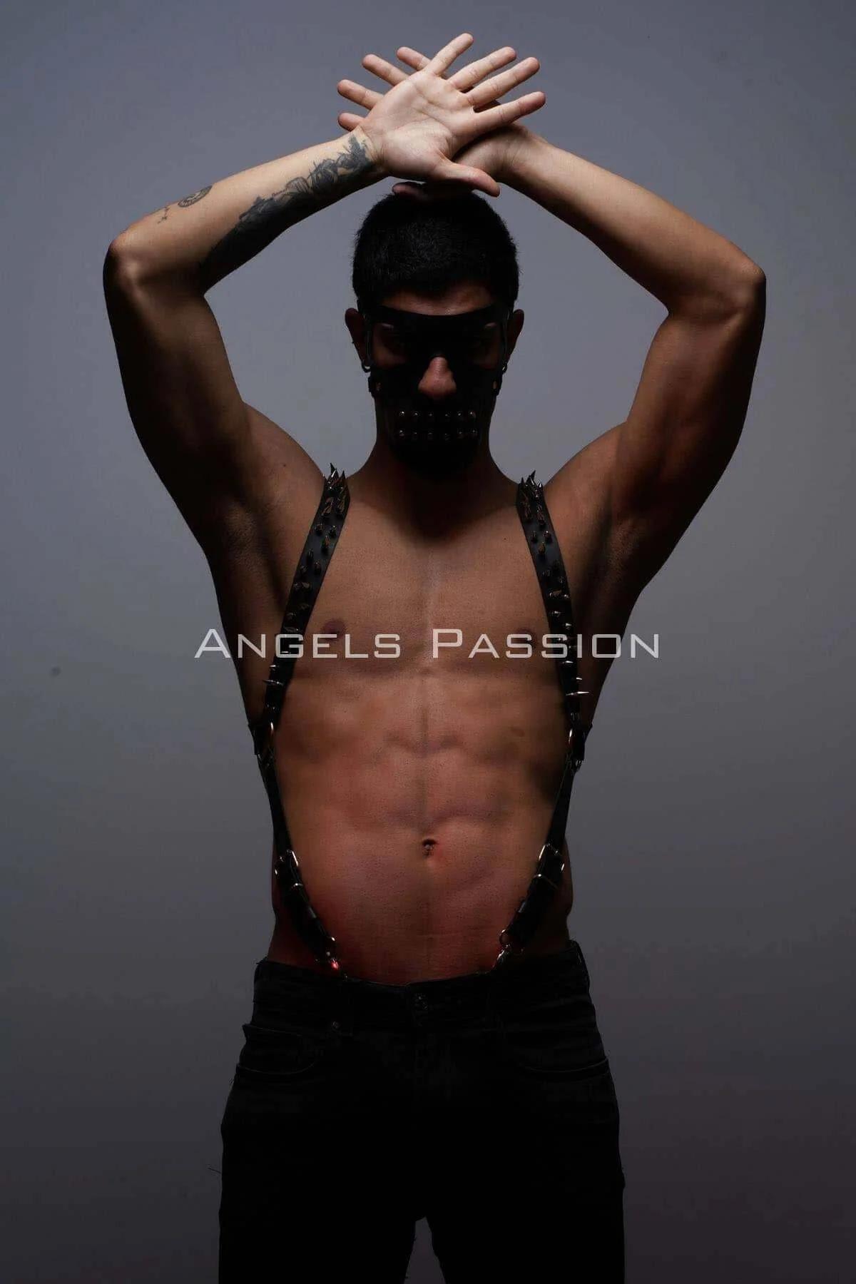 Men's Studded Leather Chest Harness and Mask Set
