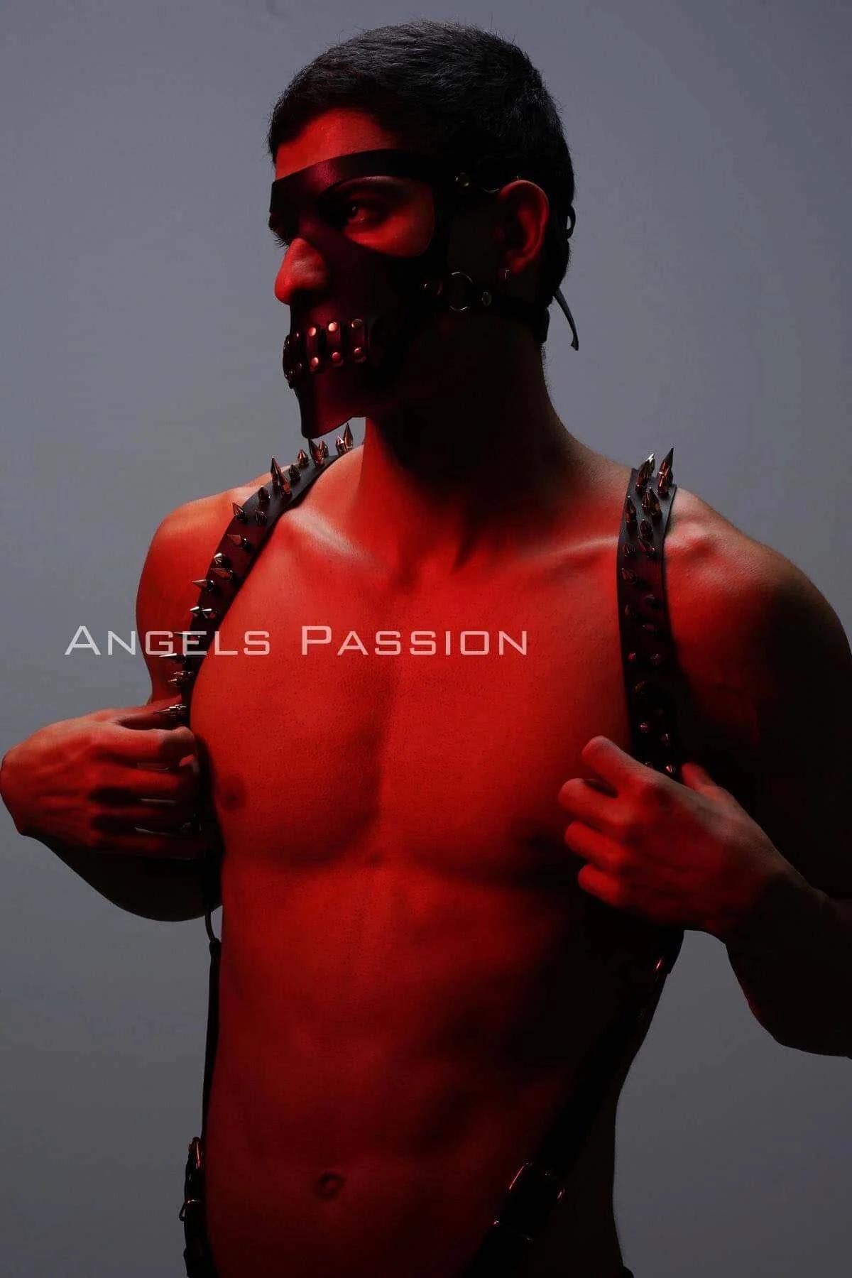 Men's Studded Leather Chest Harness and Mask Set