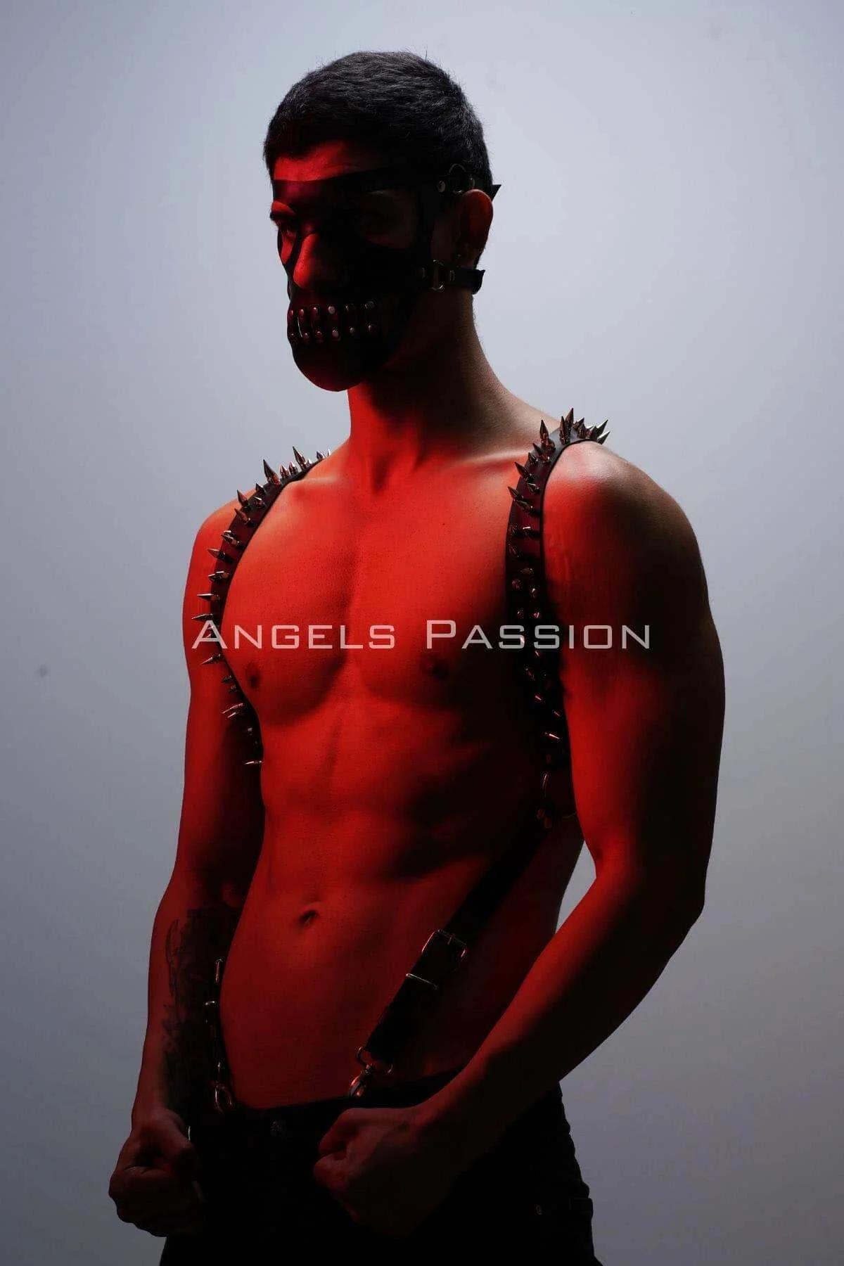 Men's Studded Leather Chest Harness and Mask Set