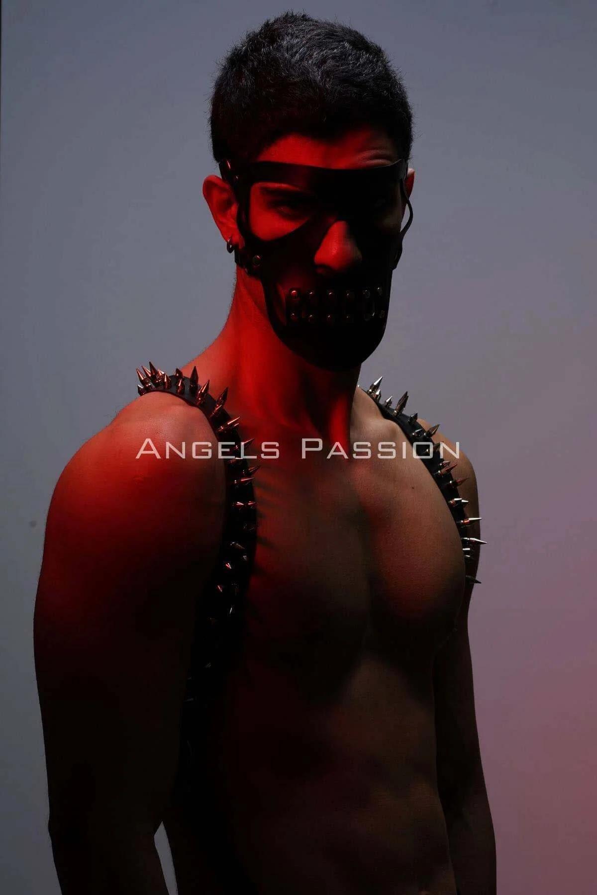Men's Studded Leather Chest Harness and Mask Set