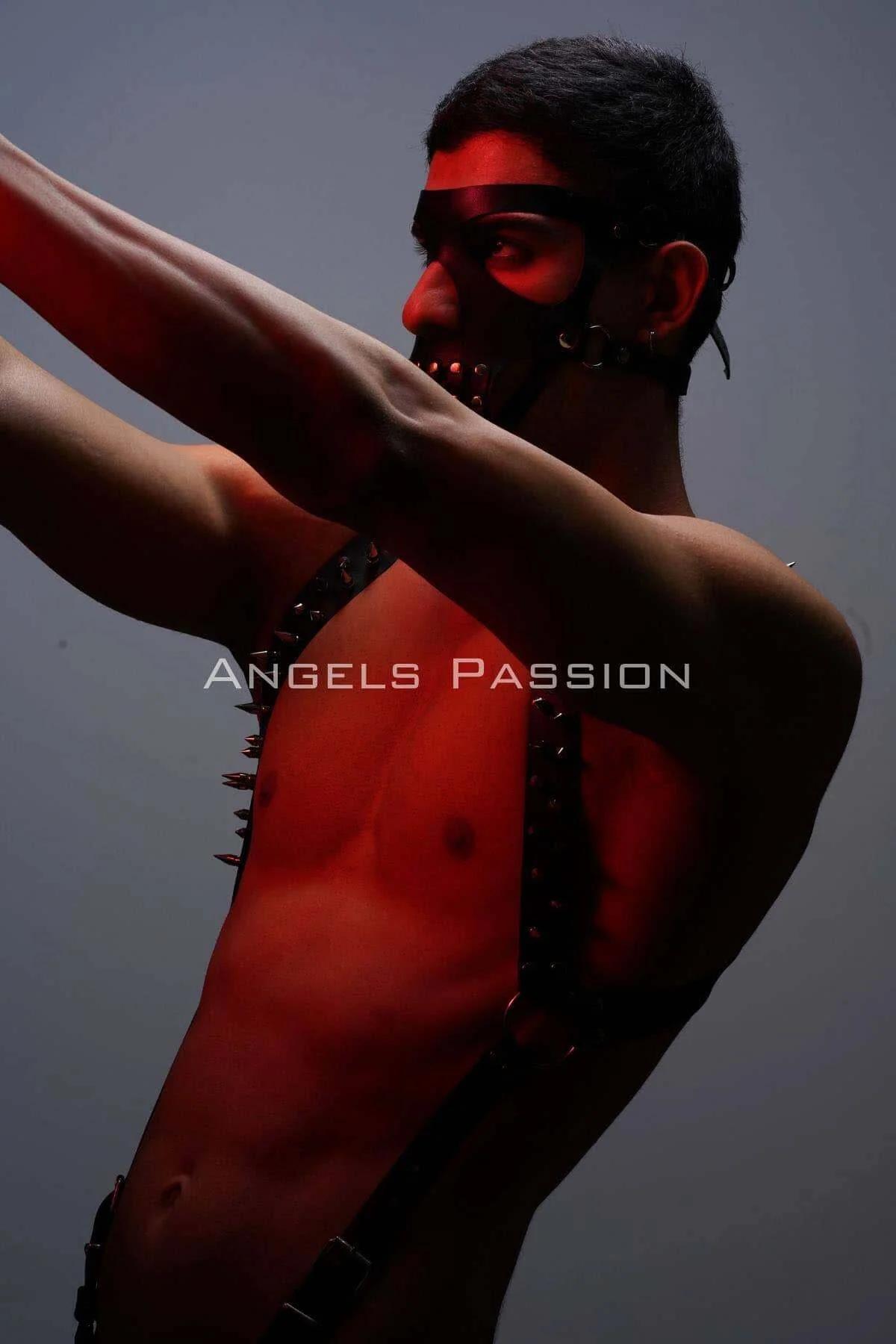 Men's Studded Leather Chest Harness and Mask Set