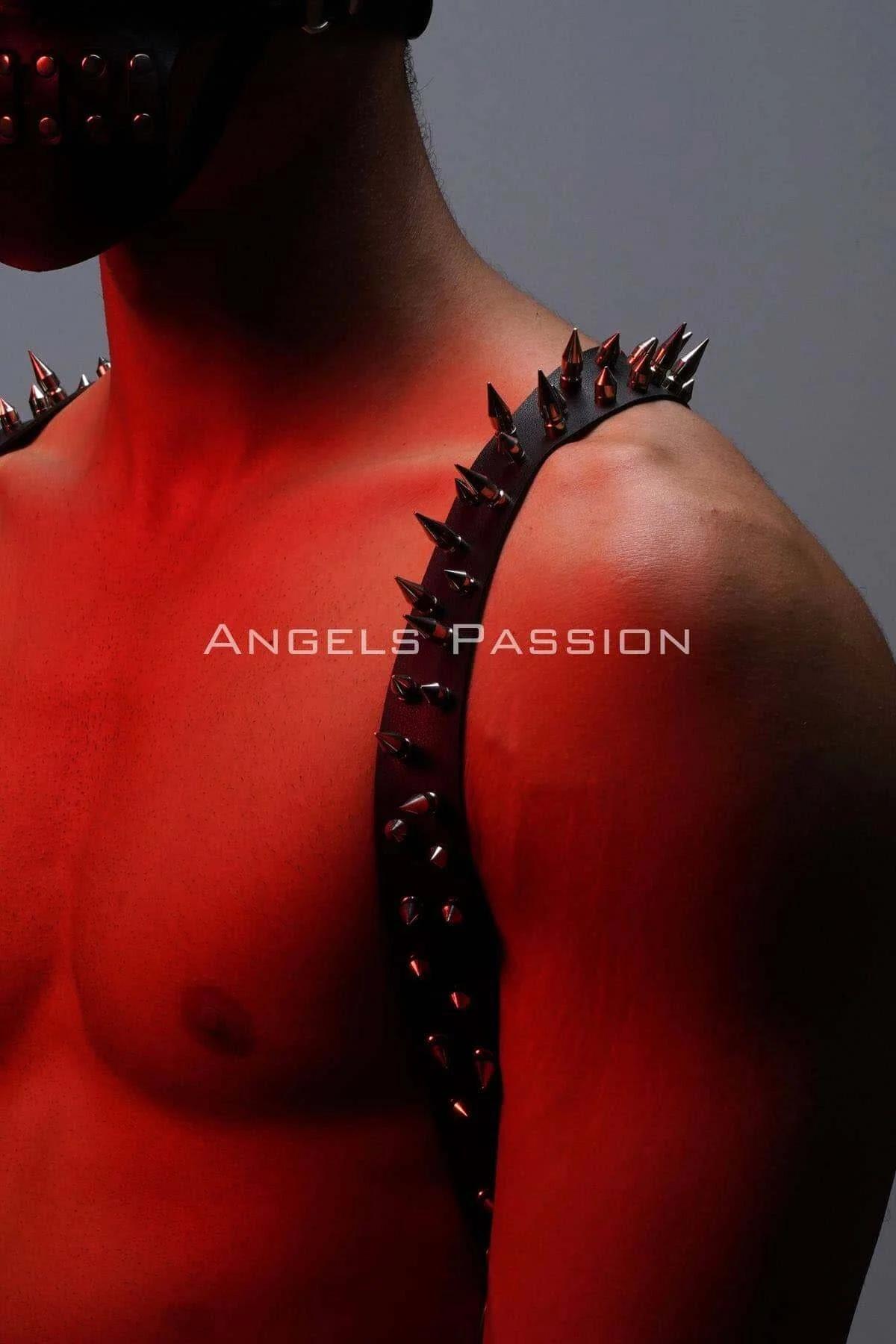 Men's Studded Leather Chest Harness and Mask Set