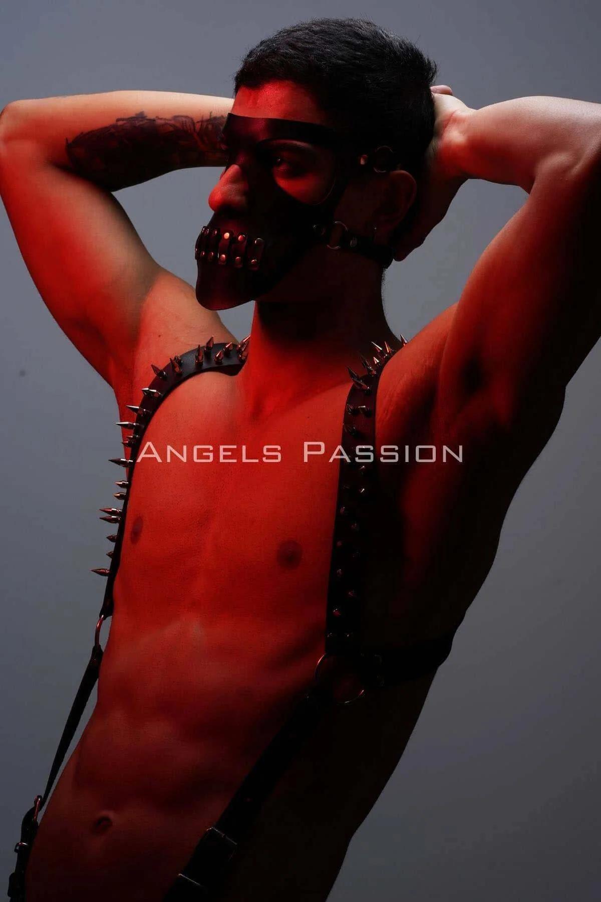 Men's Studded Leather Chest Harness and Mask Set