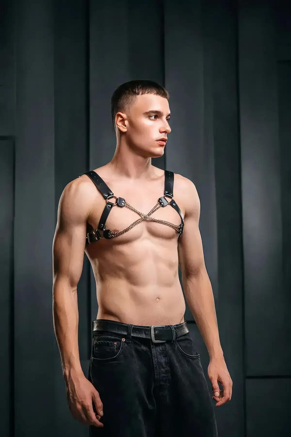 Men's Leather Chest Harness with Chains - Adjustable Fit