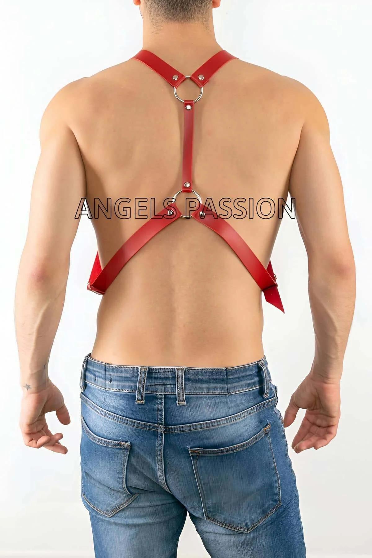 Men's Harness Adjustable Red Faux Leather Chest Accessory