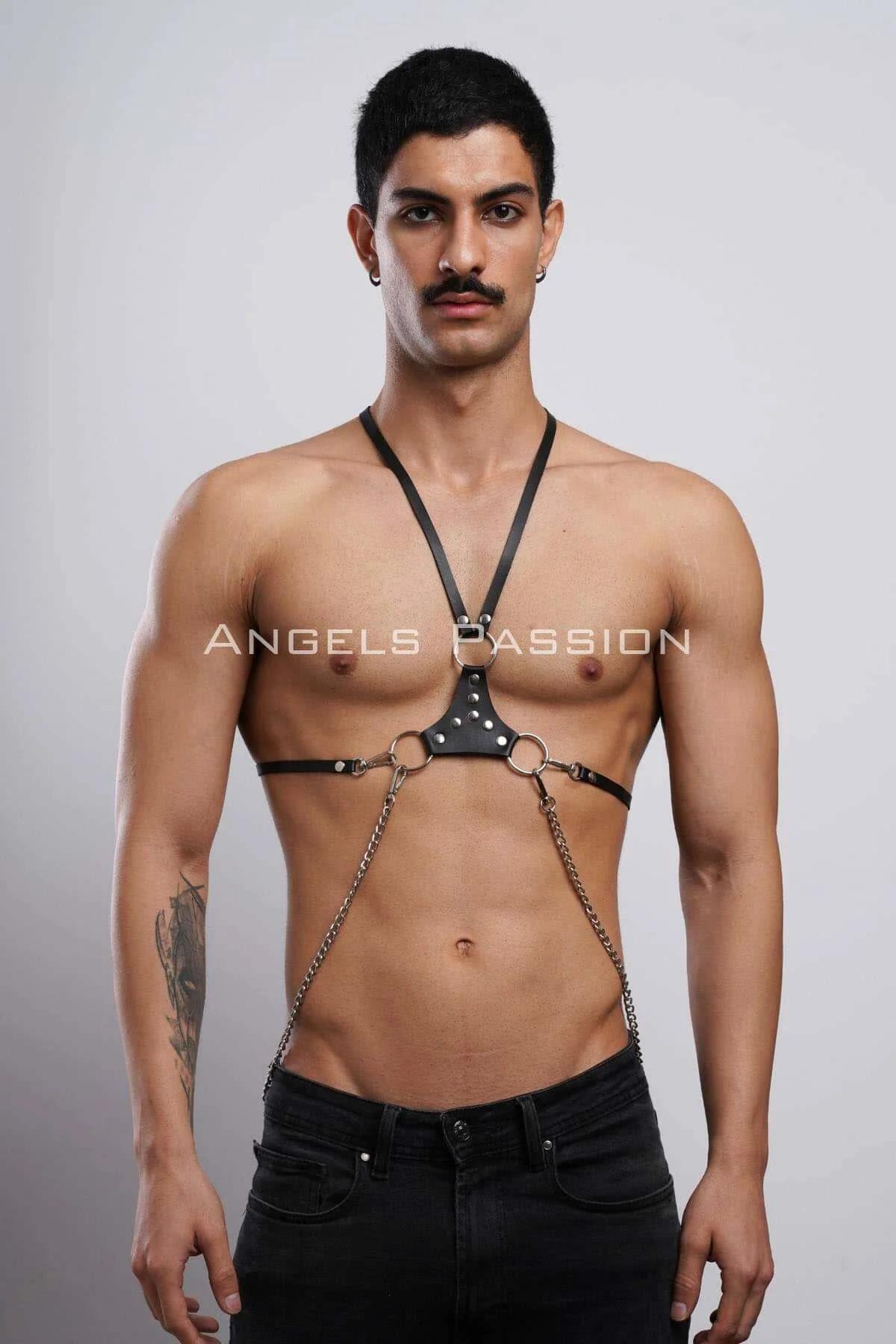 Men's Leather Harness Chest Body Straps with Chains