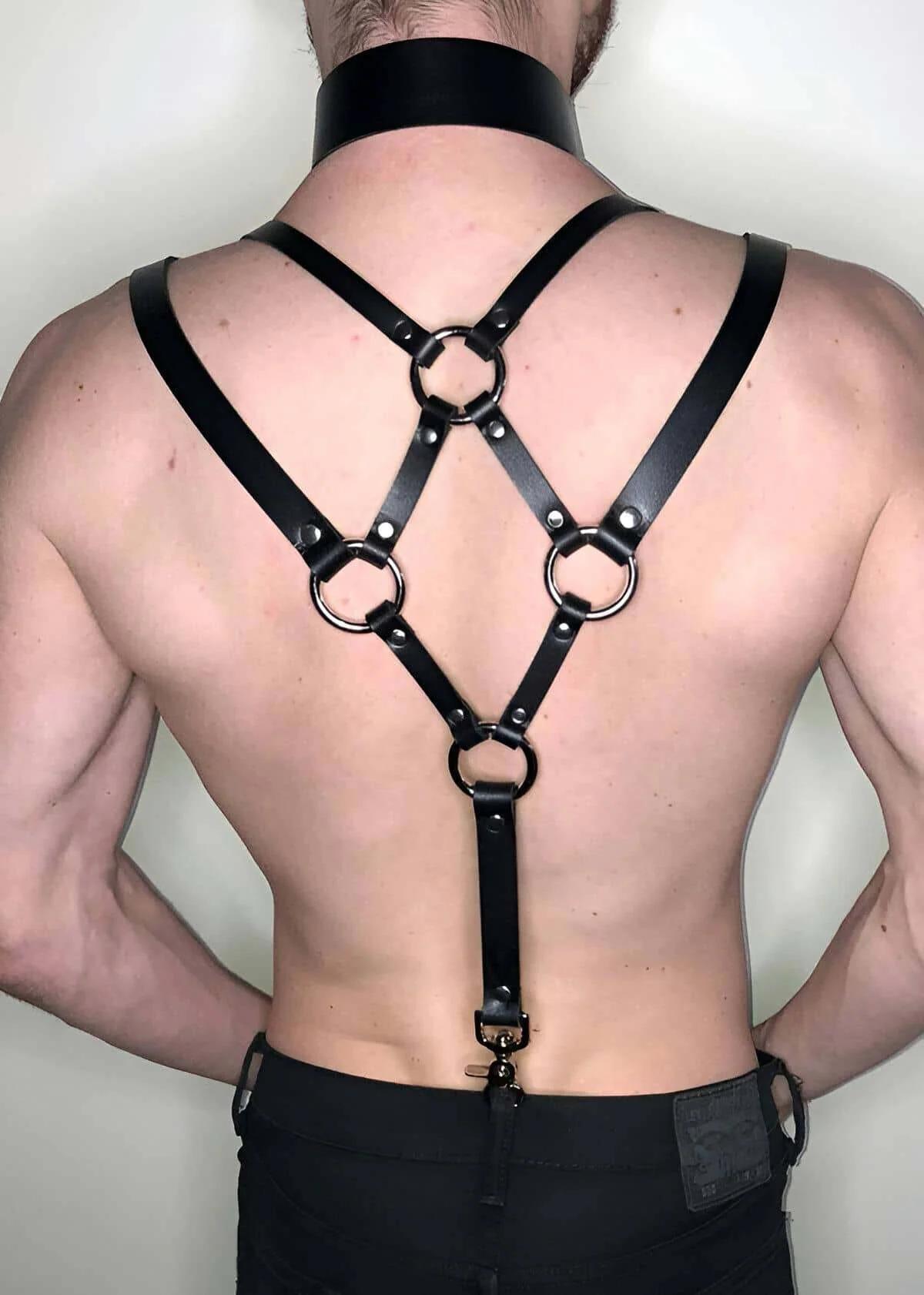 Men's Harness Adjustable Black Leather Torso Body Straps