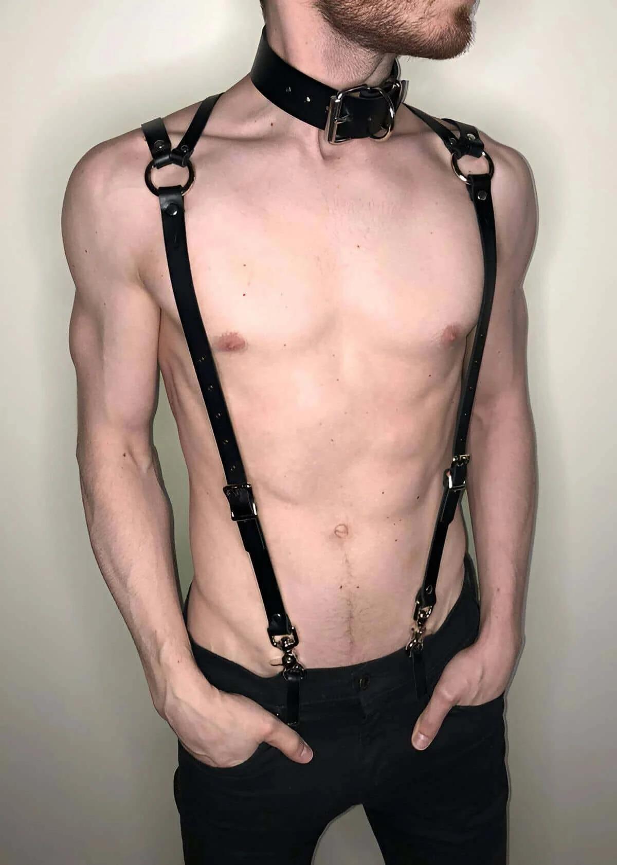 Men's Harness Adjustable Black Leather Torso Body Straps