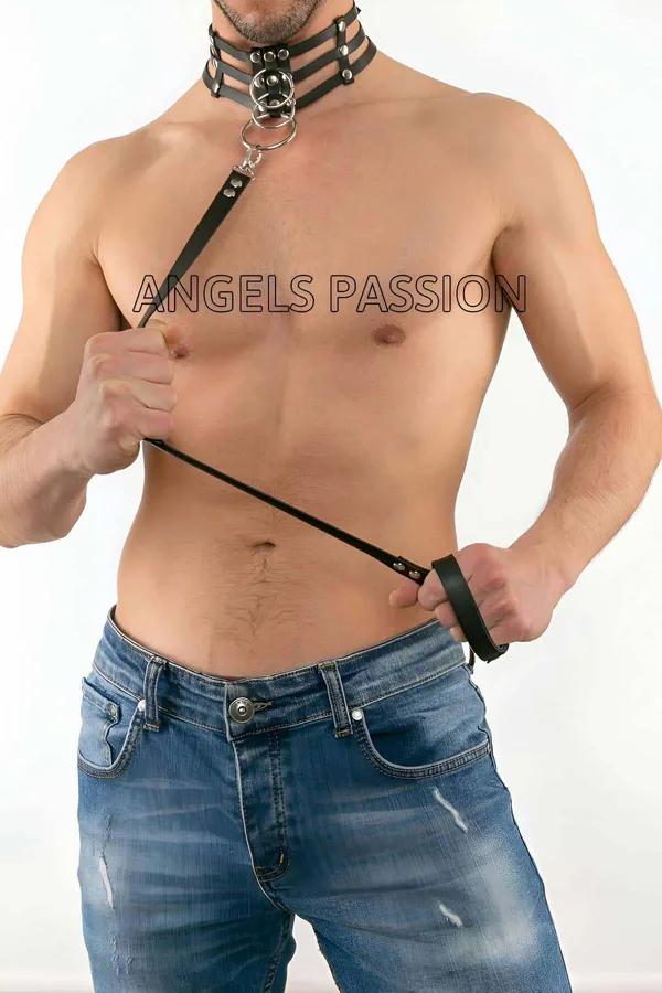 Mens Leather Harness Collar with Detachable Chest Straps
