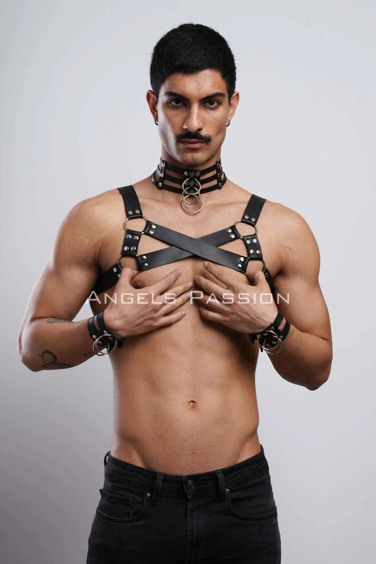 Men's Leather Chest Harness with Adjustable Straps & O-Rings