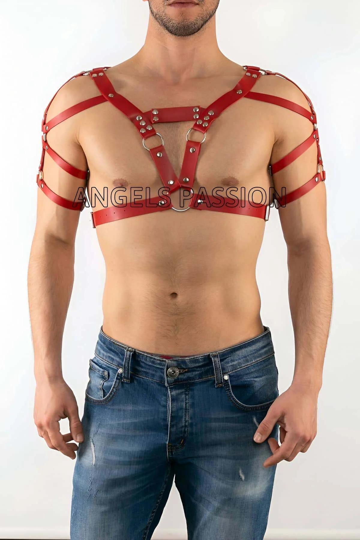 Men's Red Leather Chest Shoulder Harness