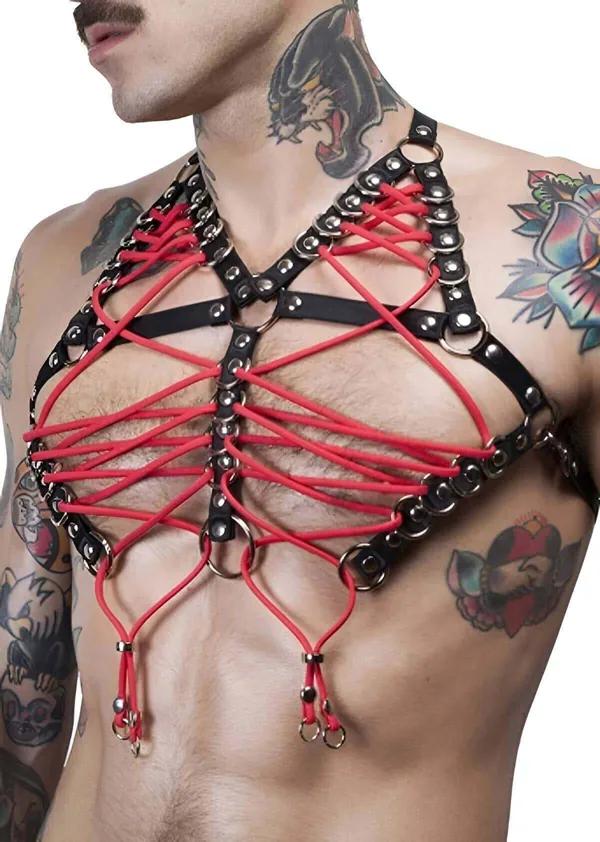 Mens Harness Laced Black & Red Adjustable Chest Accessory