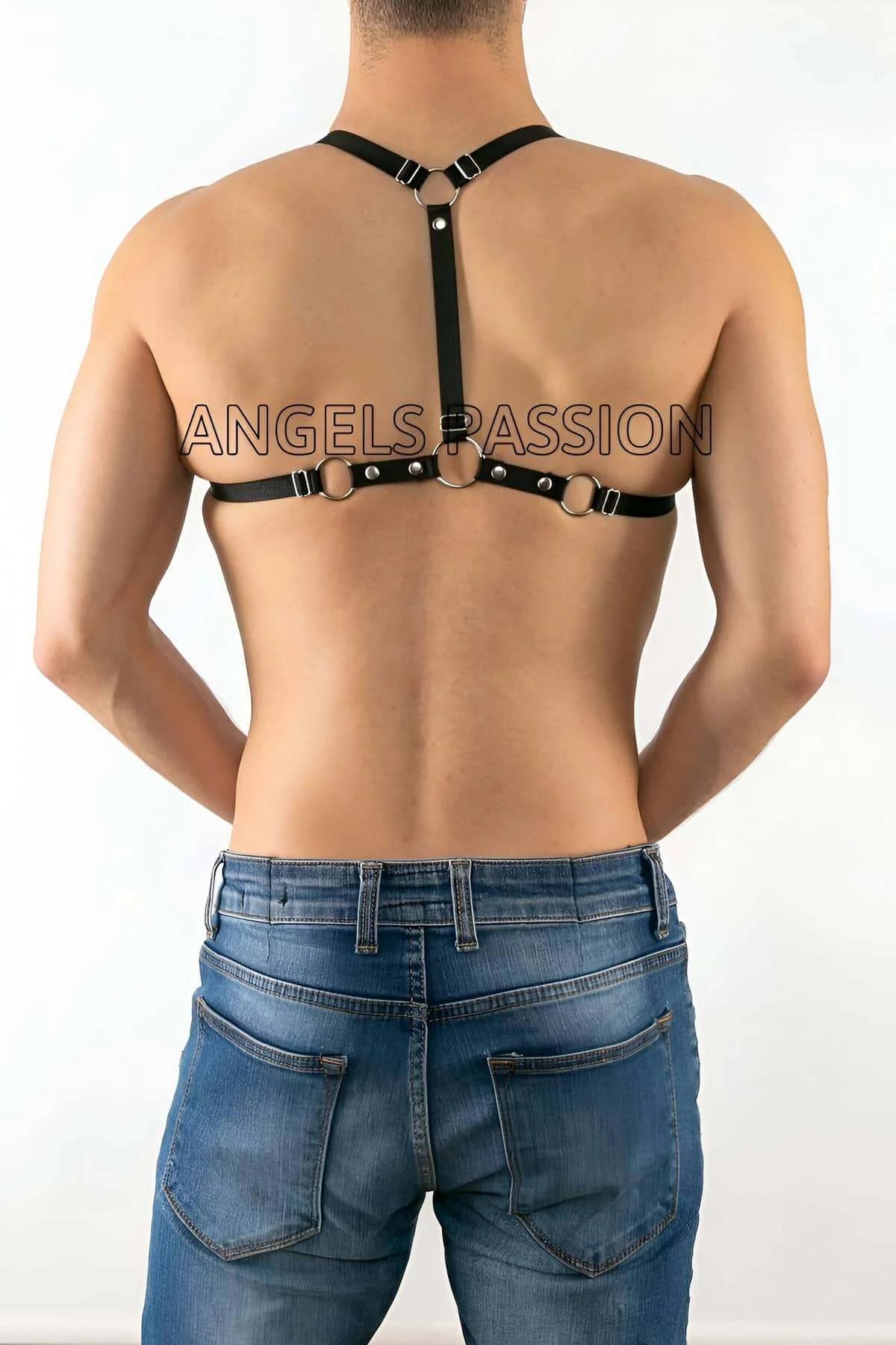Mens Leather Harness with Red Lacing Adjustable Body Strap