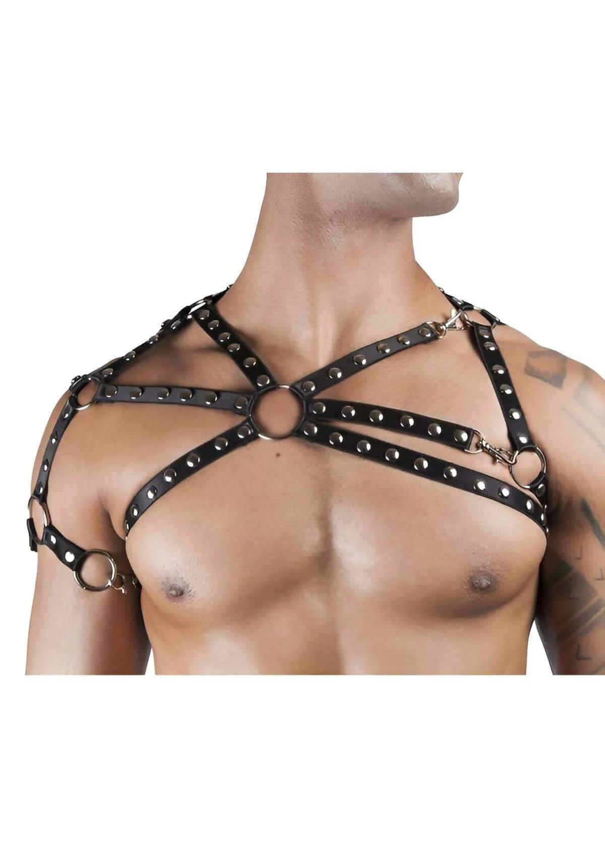 Mens Studded Leather Chest Harness with Adjustable Straps