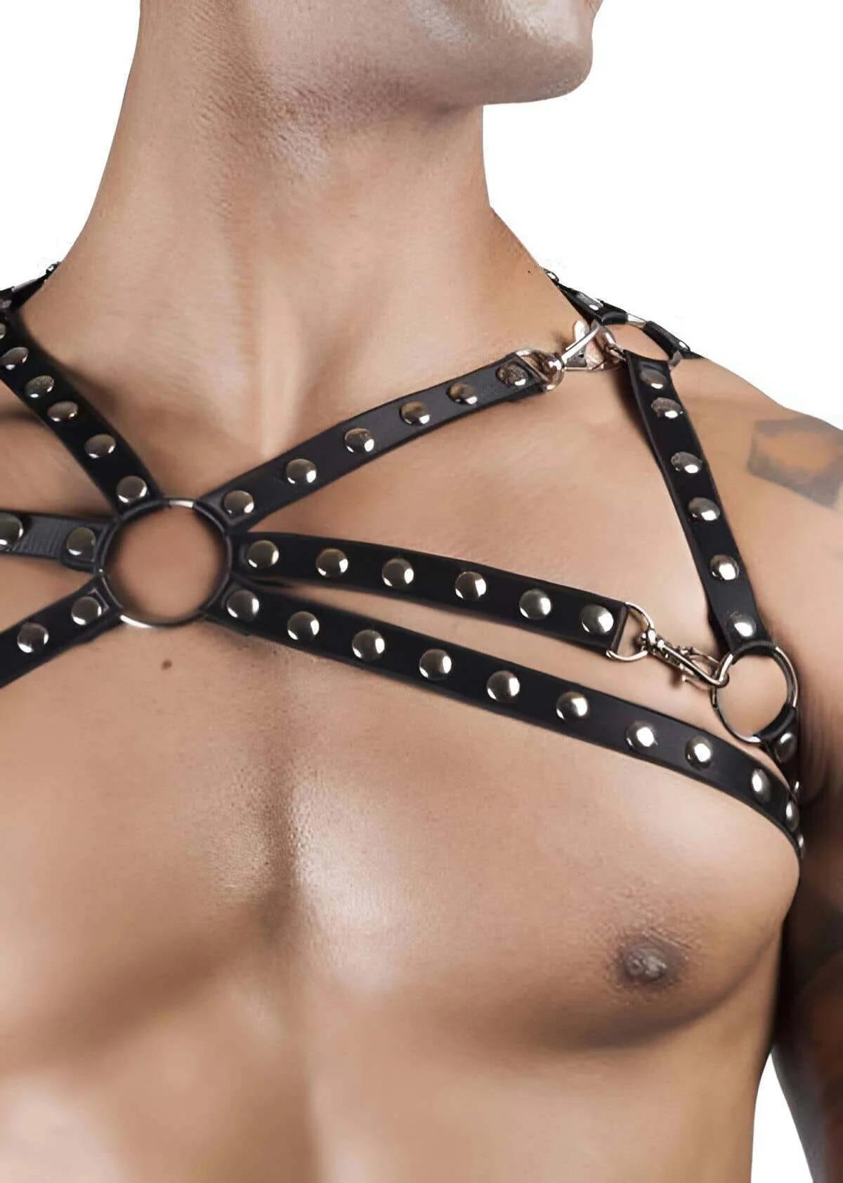 Mens Studded Leather Chest Harness with Adjustable Straps