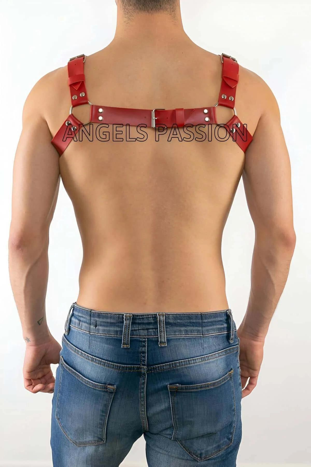 Mens Leather Chest Harness – Adjustable Red Body Accessory
