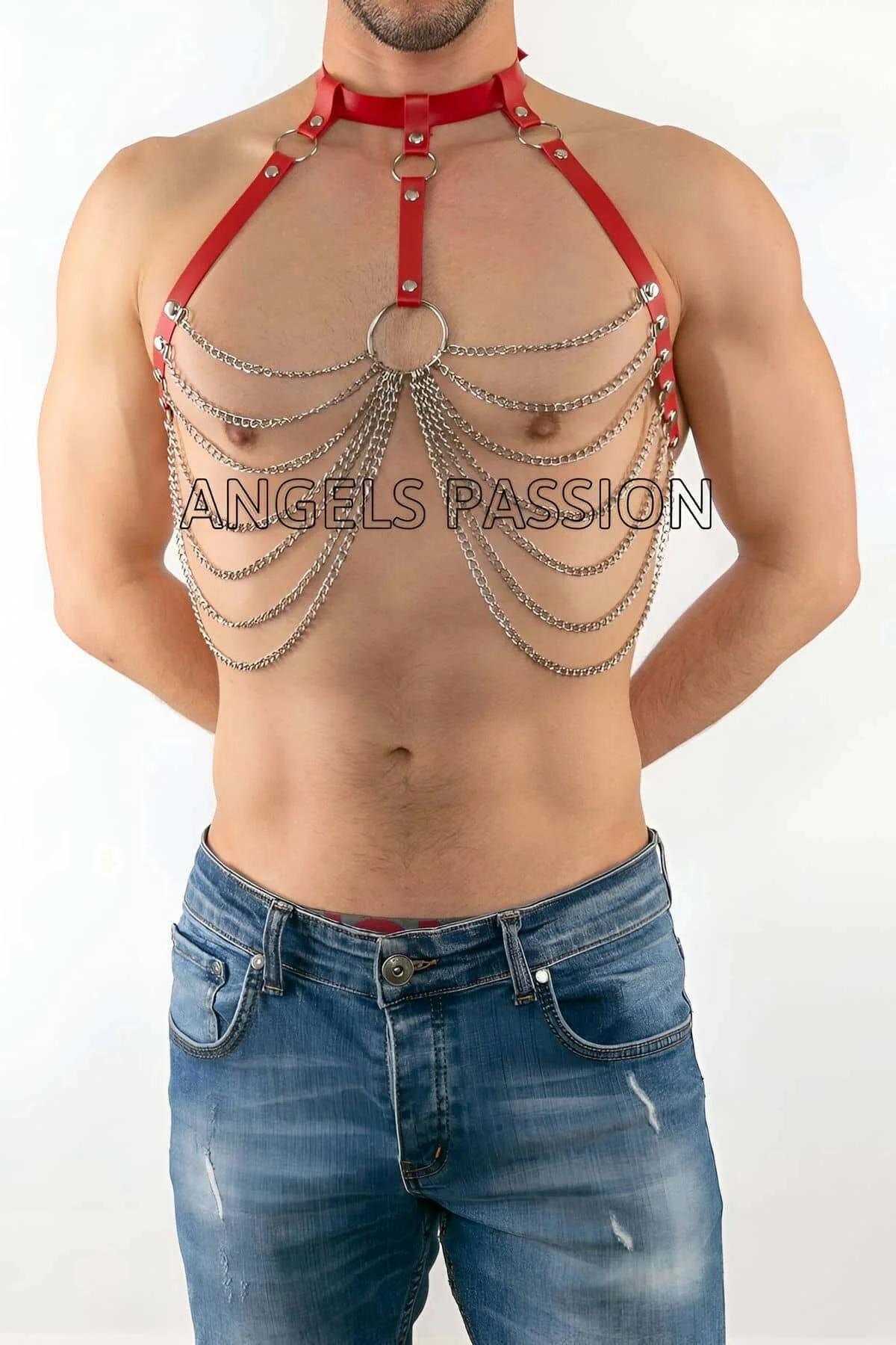 Mens Red Leather Chest Harness with Chains and Collar