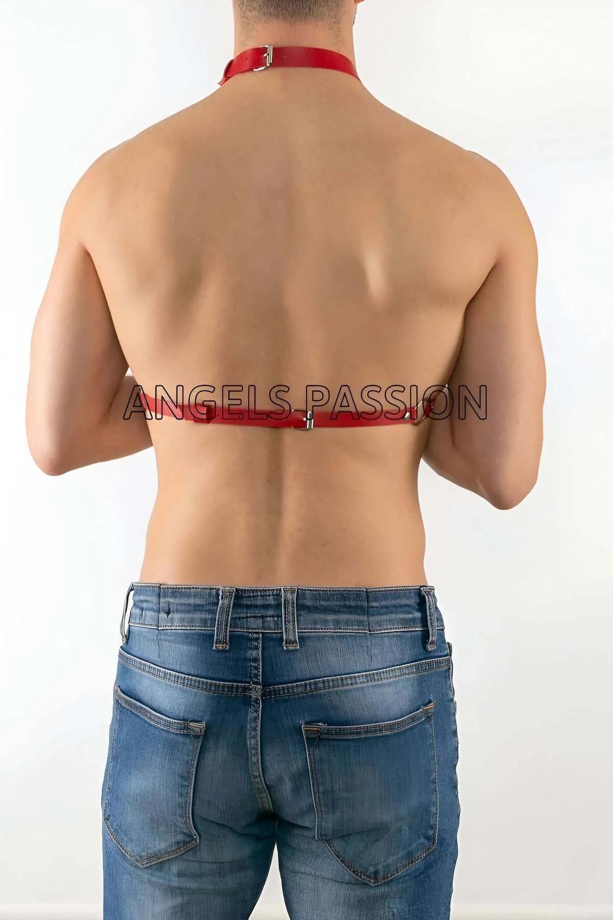 Mens Red Leather Chest Harness with Chains and Collar