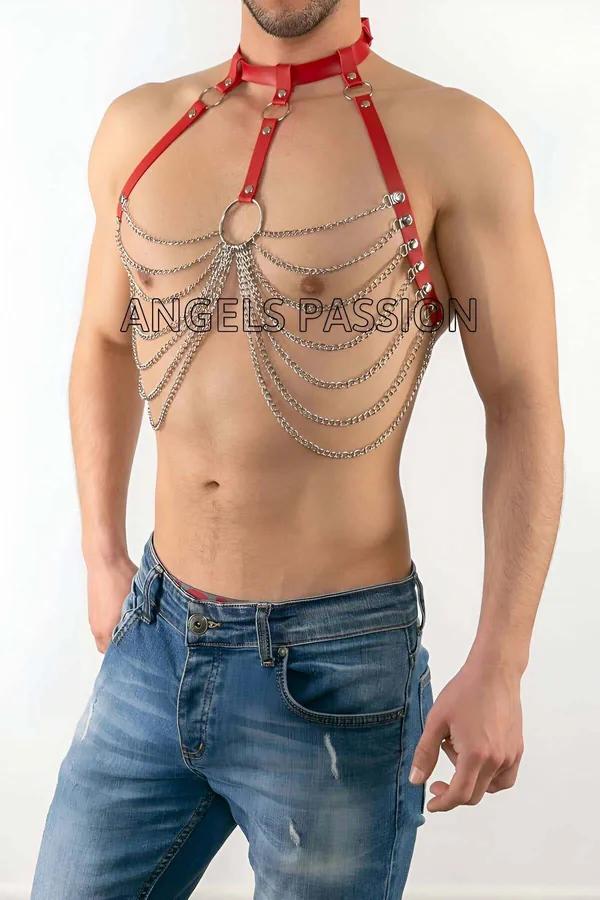 Mens Red Leather Chest Harness with Chains and Collar