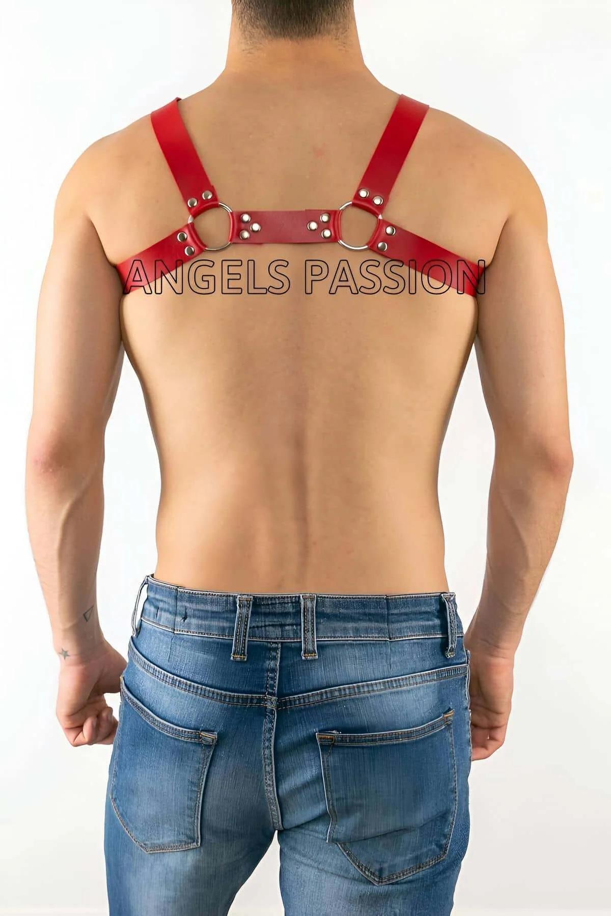 Red Men's Leather Chest Harness Adjustable Studded Design