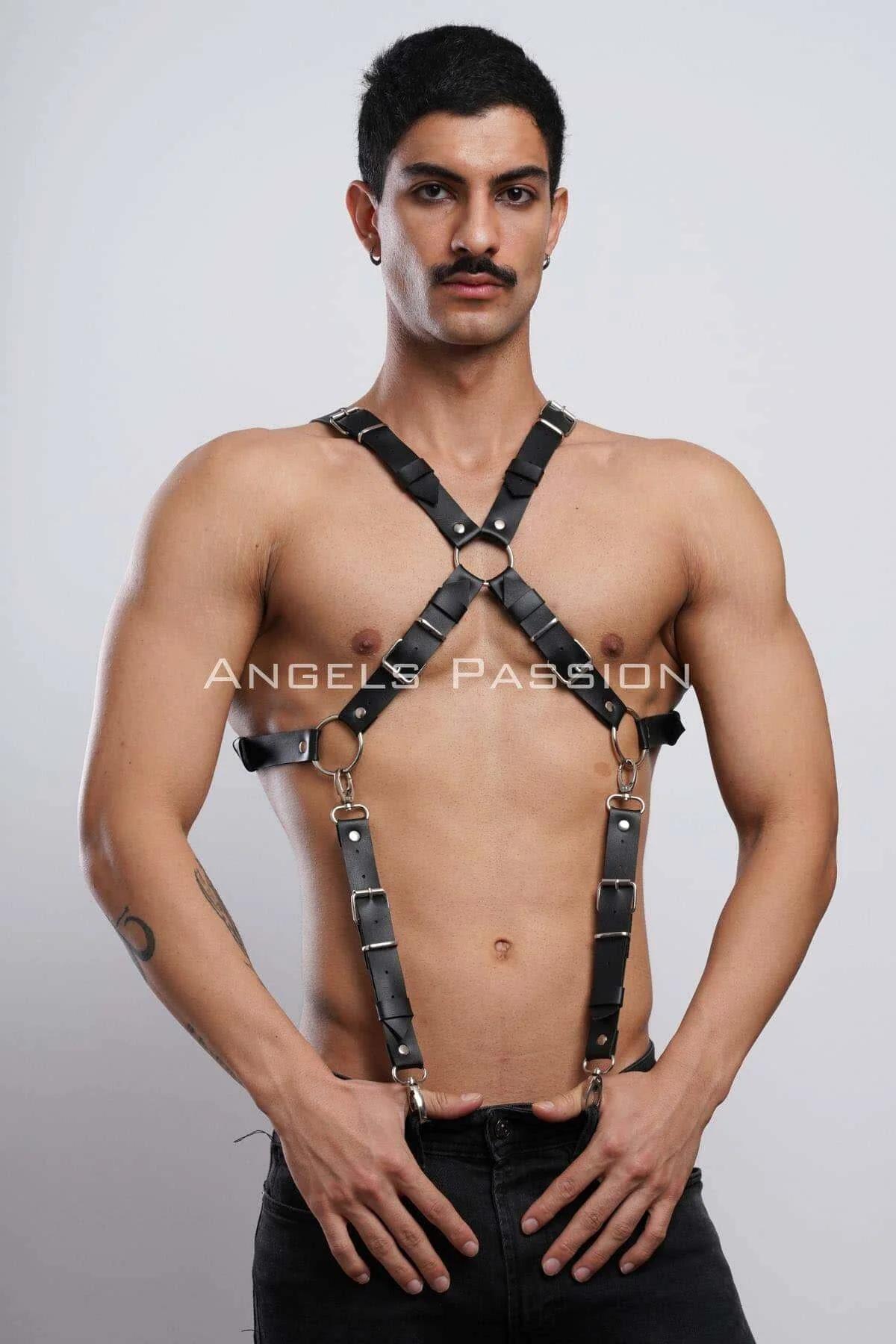 Mens Leather Harness Adjustable Chest Body Suspenders