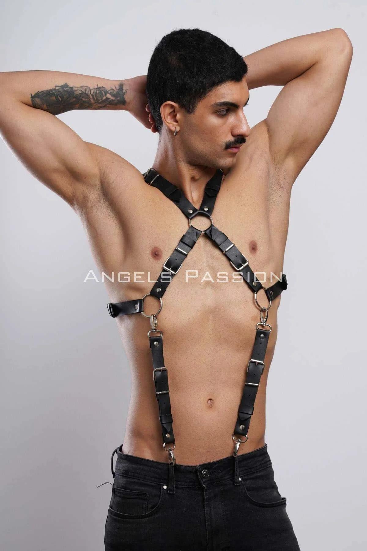 Mens Leather Harness Adjustable Chest Body Suspenders