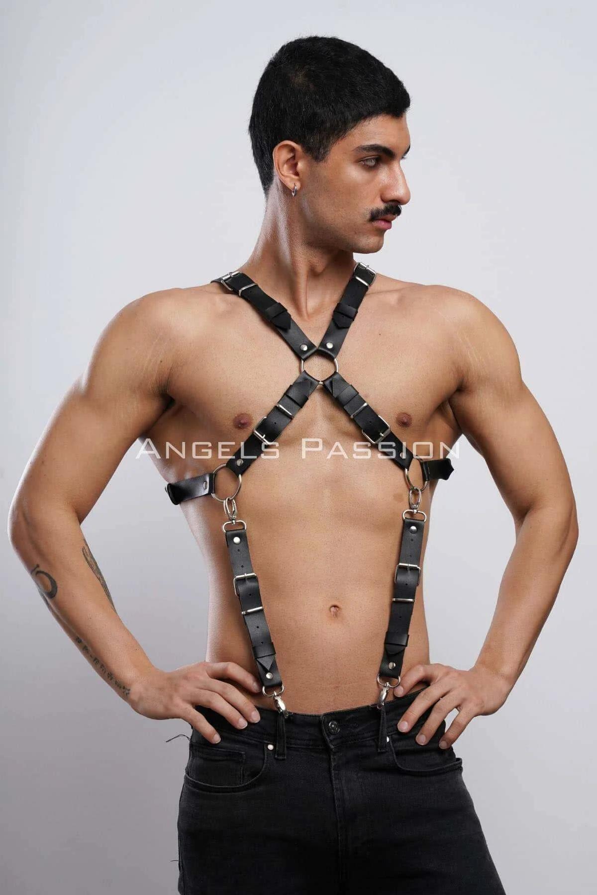 Mens Leather Harness Adjustable Chest Body Suspenders