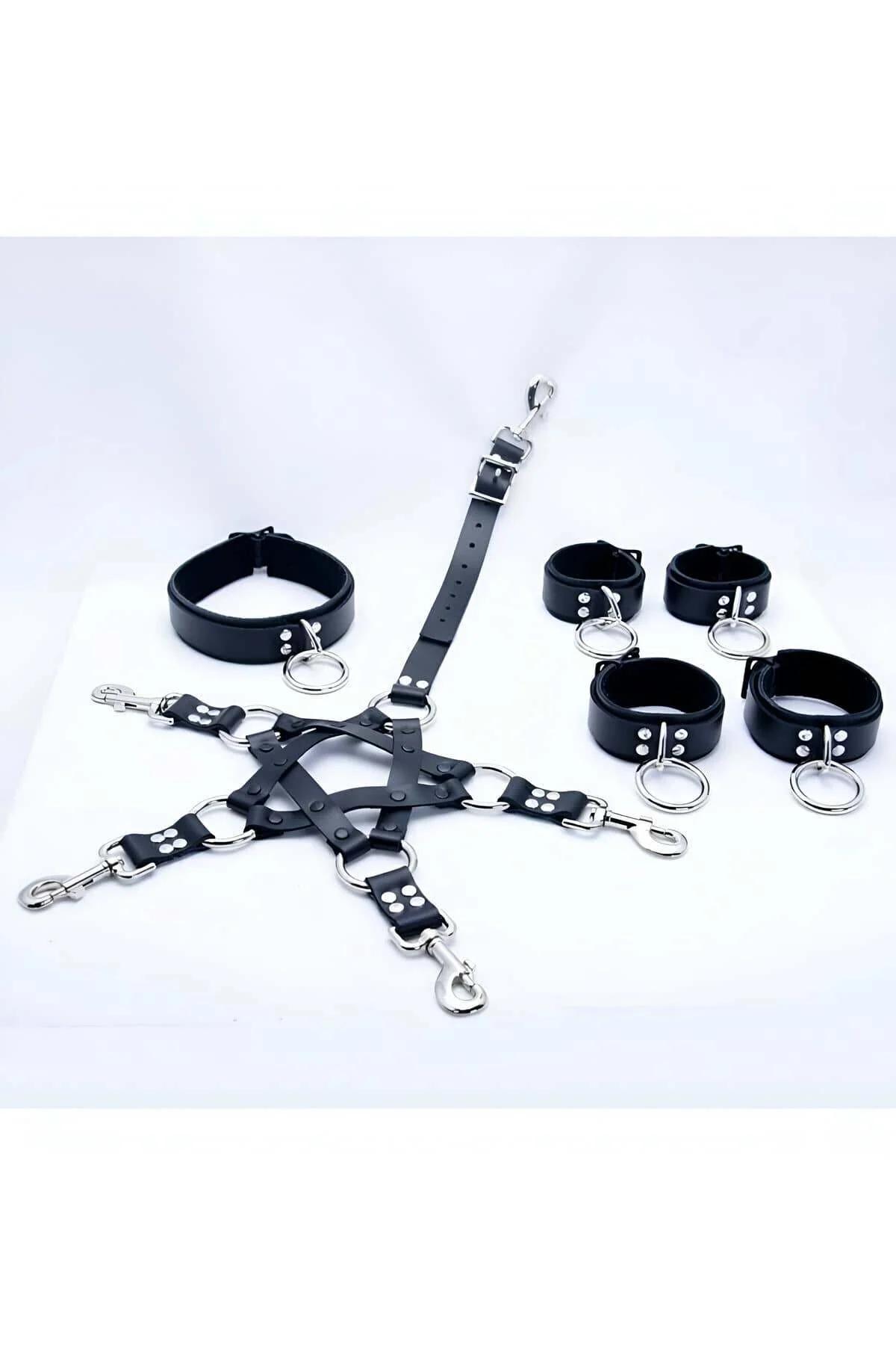 Mens Adjustable Leather Restraint Harness Set – Collar & Cuffs