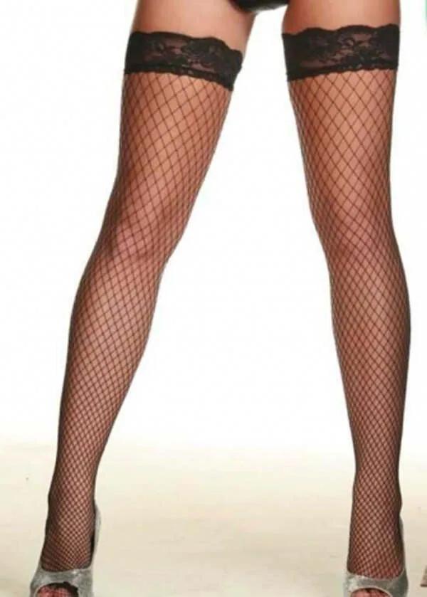 Black Fishnet Thigh High Stockings with Scalloped Lace Top