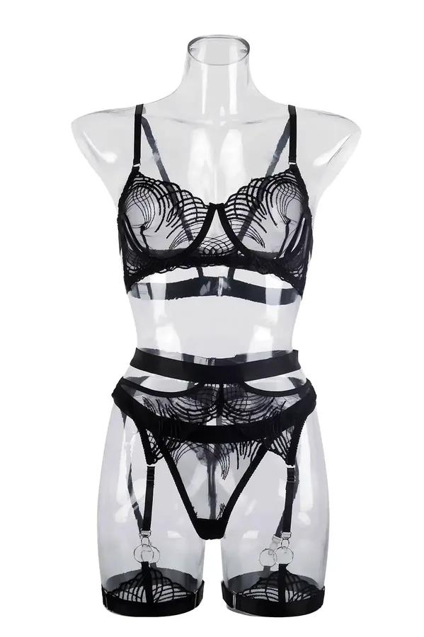 Garter Set Black Lace Open Cup Bra & Thong Lingerie