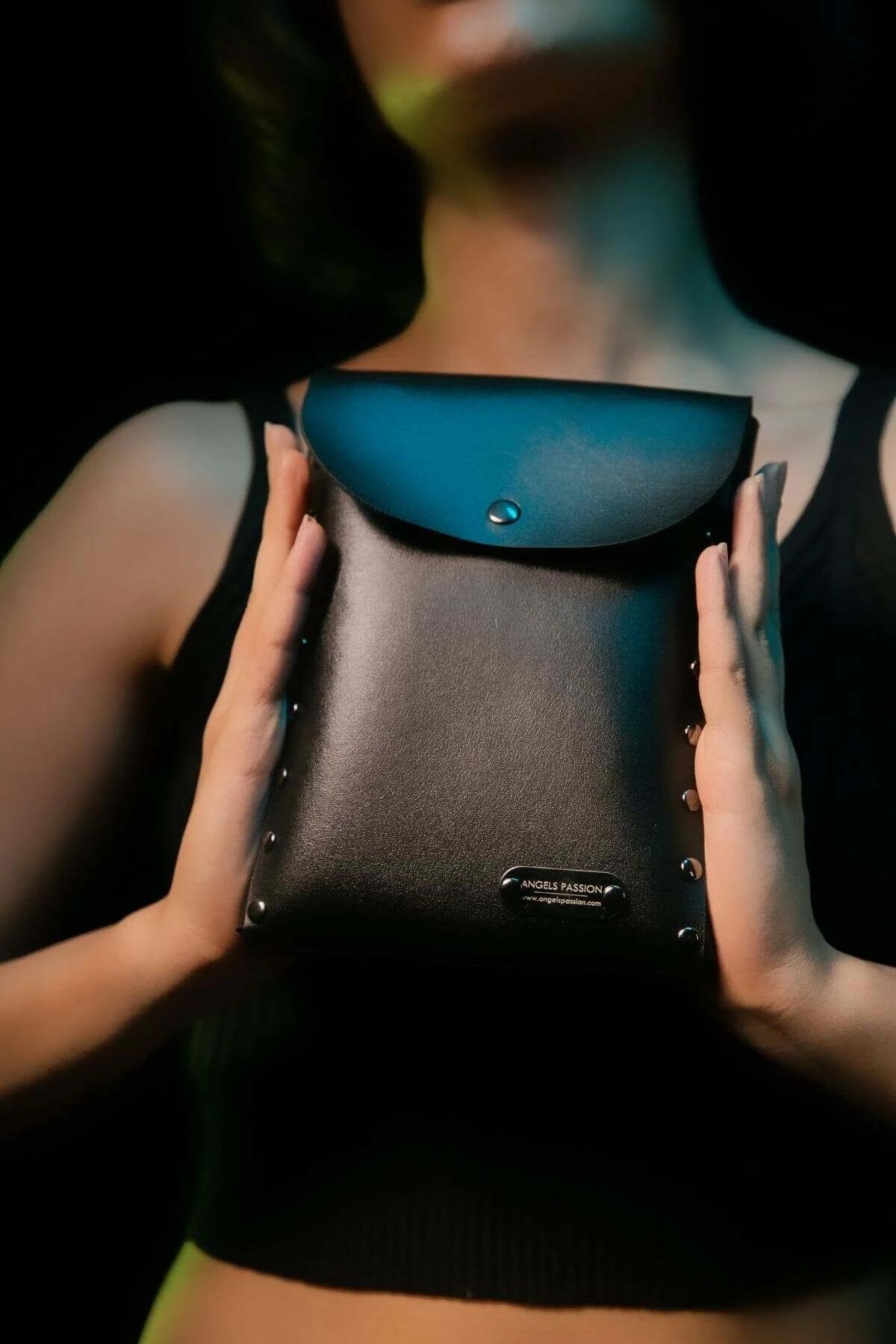 Adjustable Studded Black Leather Pouch Bag for Everyday Carry