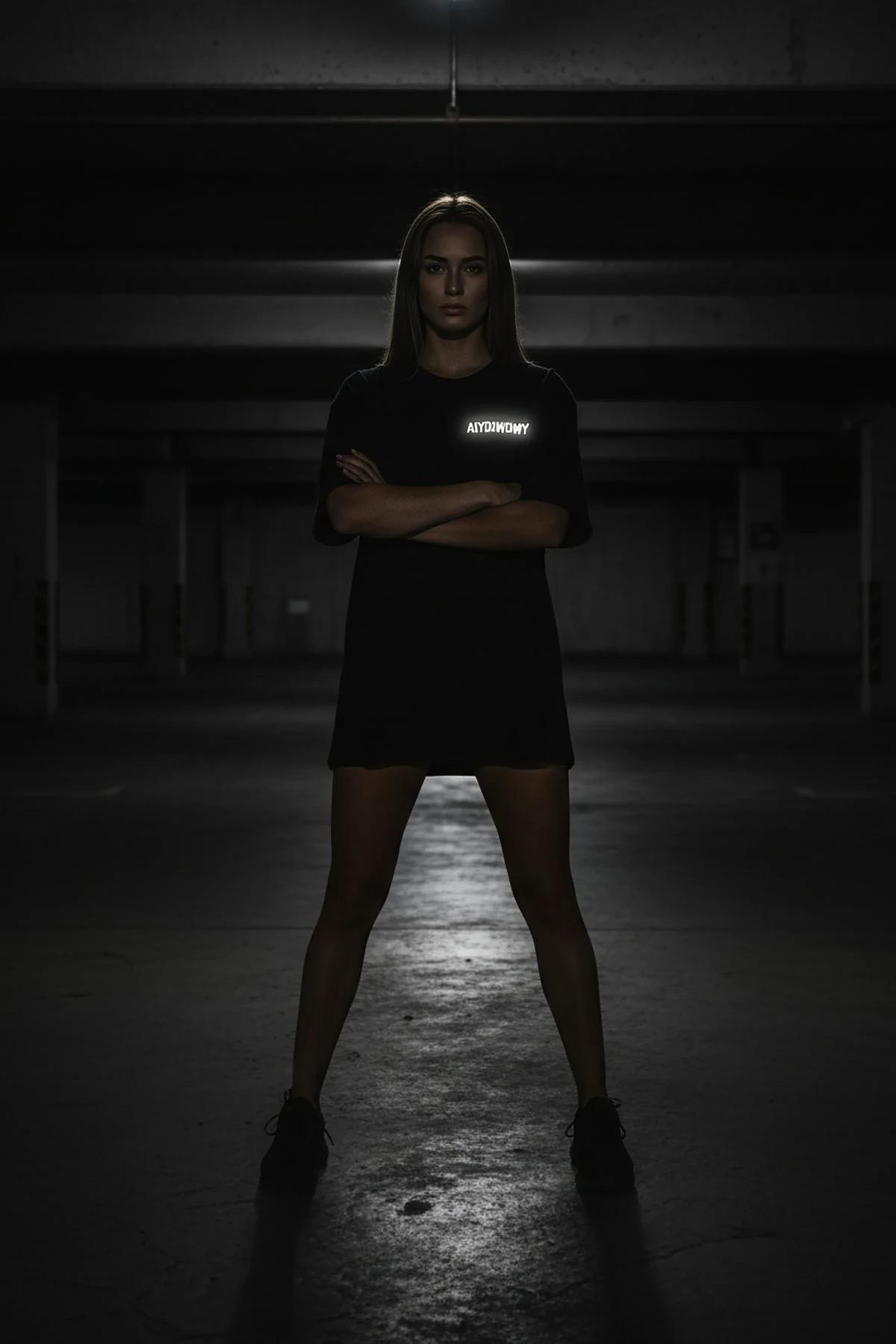 close-up of retroreflective chest print on black oversized cotton tee glowing white under direct light