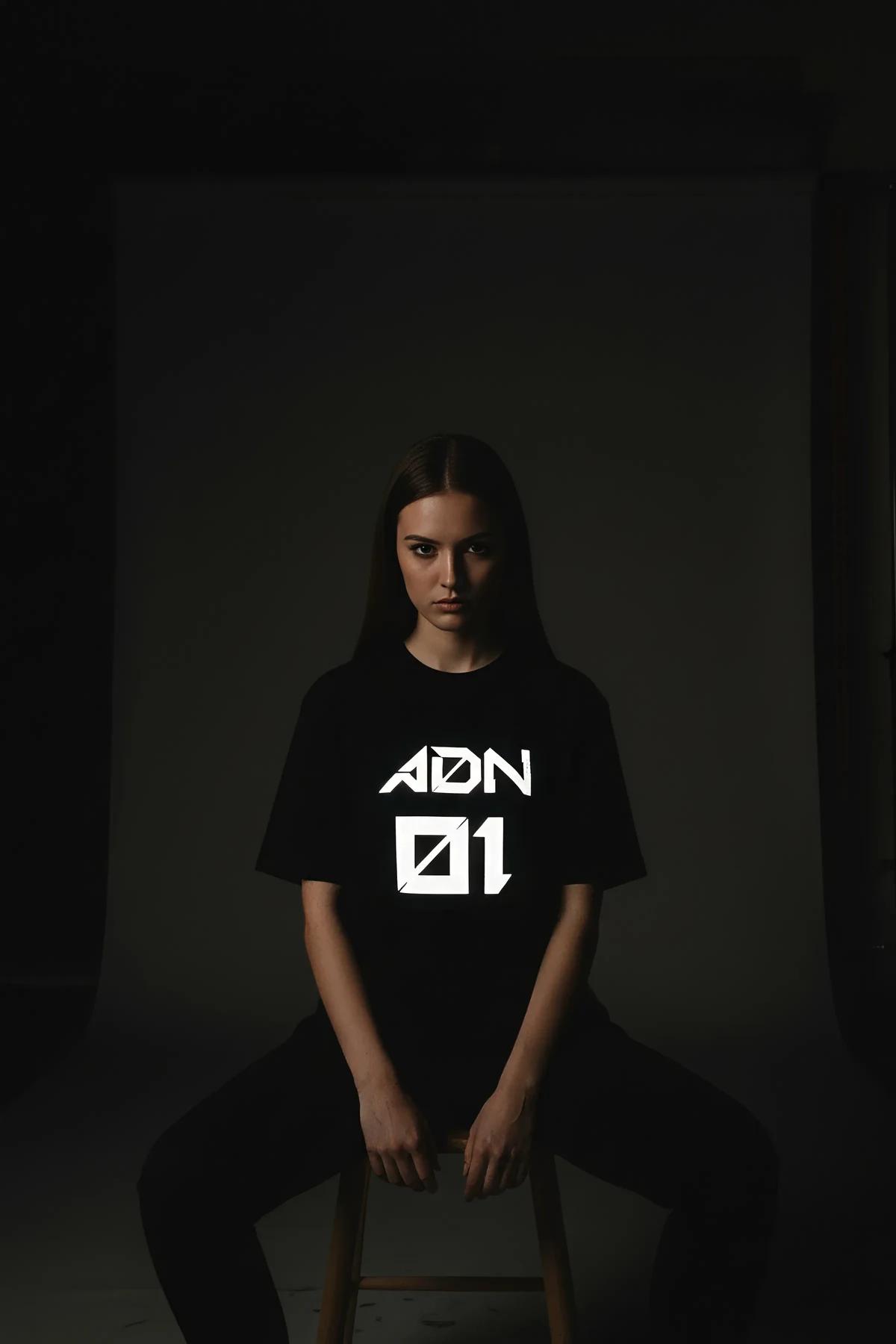 Reflective print detail on black oversized streetwear t-shirt glowing under artificial light
