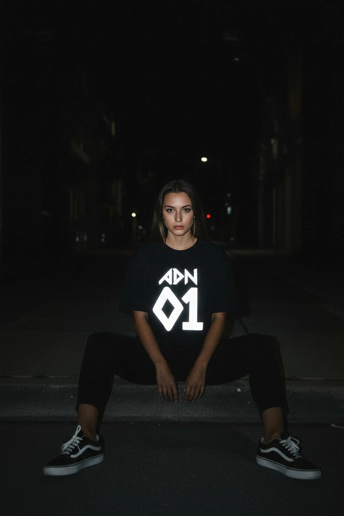 Black oversized festival t-shirt with white reflective graffiti print styled on urban street at night