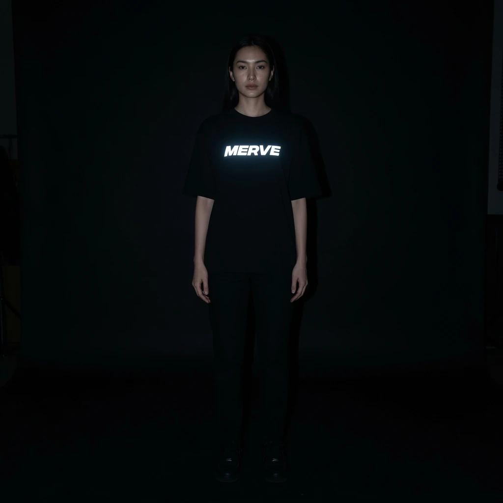 black cotton festival t-shirt with MERVE block-letter reflective chest graphic, front view in ambient light