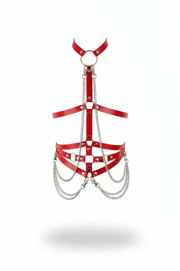 Red faux leather body harness with silver O-ring choker, rivet studs, and four draped chain strands spanning chest to waist
