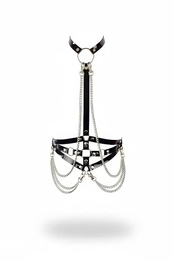 Black faux leather caged body harness with O-ring choker and four detachable silver link chains draped from waist band