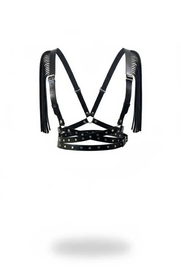 black faux leather fringed body harness with triple silver-studded waist band and O-ring center