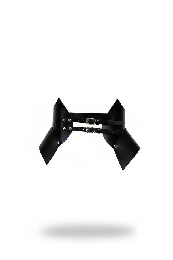 Black faux leather waist cincher with angular wing panels and dual silver buckles front view