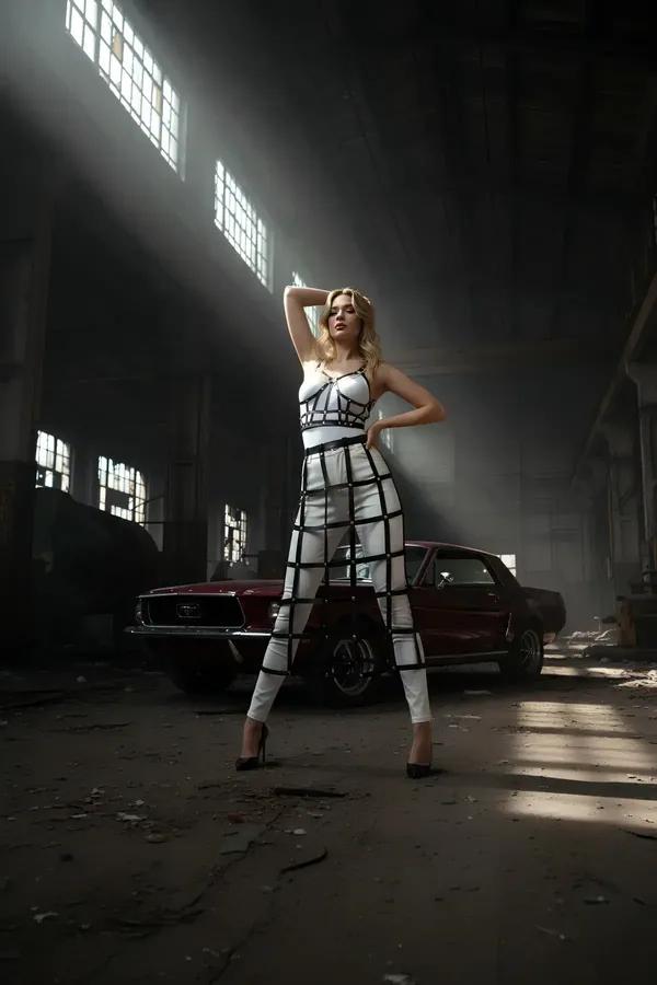 white full body harness with wide black faux leather grid cage straps running chest to ankle geometric pattern
