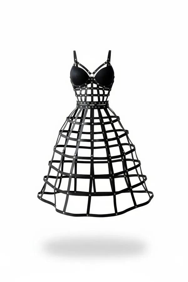 Black faux leather full body cage dress harness with bustier top and flared grid-strap skirt, silver rivet hardware
